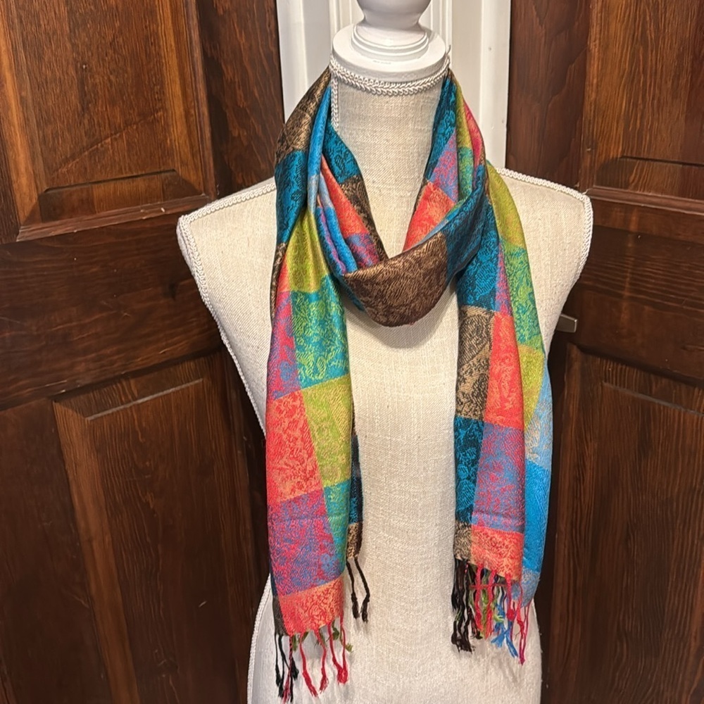 Beautiful Multicolor Mixed Pattern Scarf With Fringe